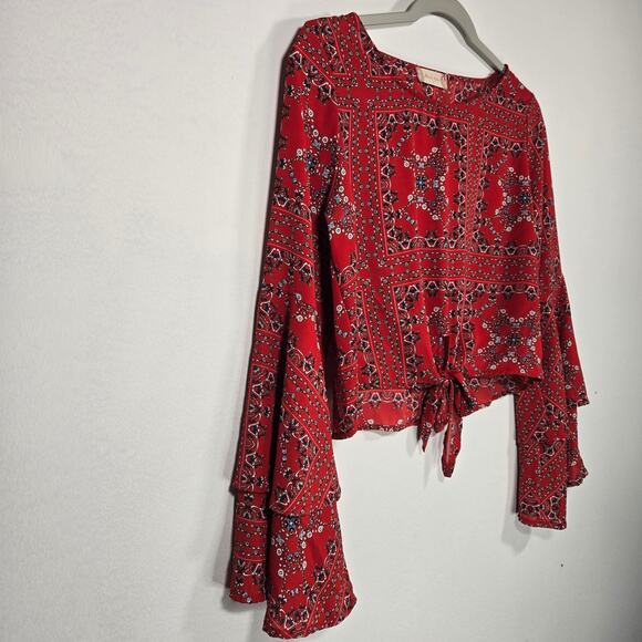 Altar'd State Red Badana Print Front Tie Top. Size Small - Picture 3 of 9
